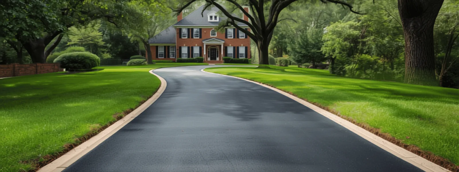 Curving asphalt driveway running up to a two-story brick house framed by lawns and mature shade trees