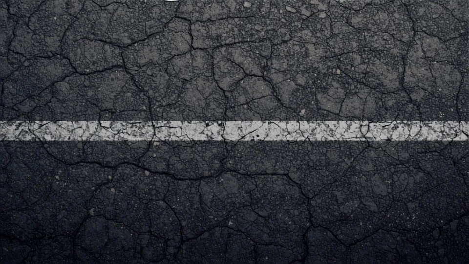 Web of cracking spreading through aged asphalt on both sides of a white painted line