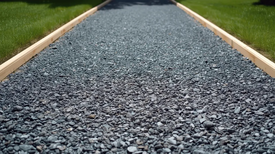 Compacted crushed stone base laid between timber edge forms, ready for asphalt