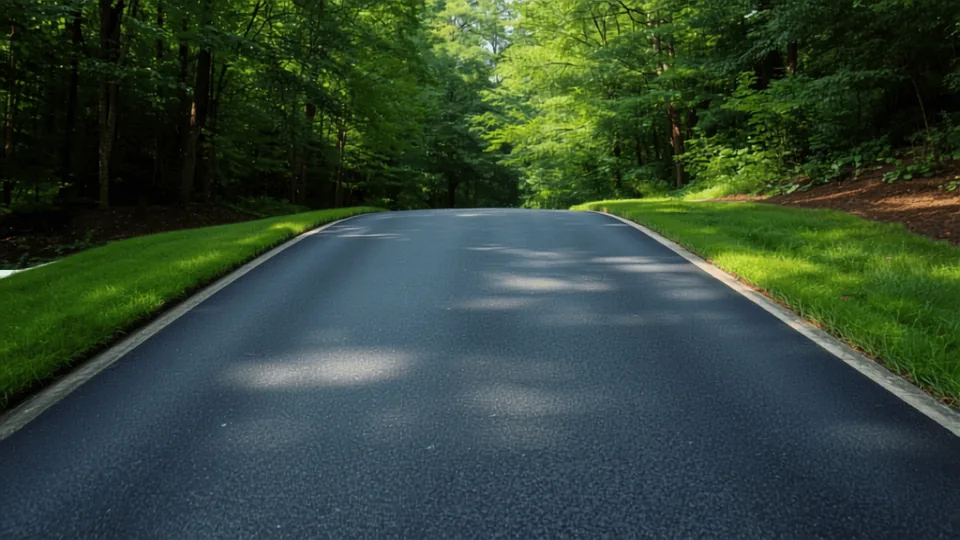 Dark asphalt driveway bending away through dense green woodland in dappled afternoon shade