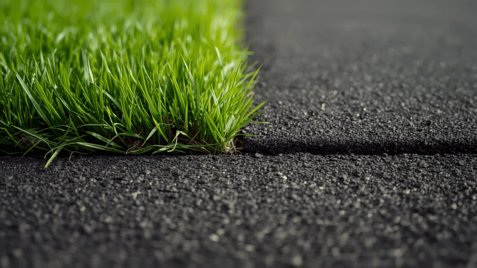 Close view of thick green grass growing right up against the edge of an asphalt surface