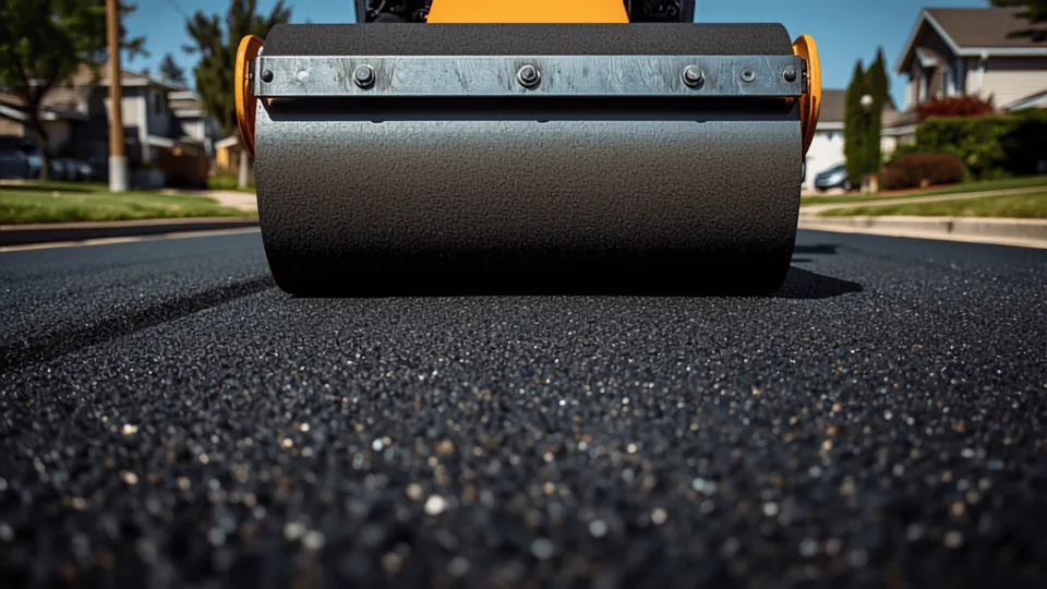 Steel drum roller pressing down a freshly laid asphalt mat on a residential street