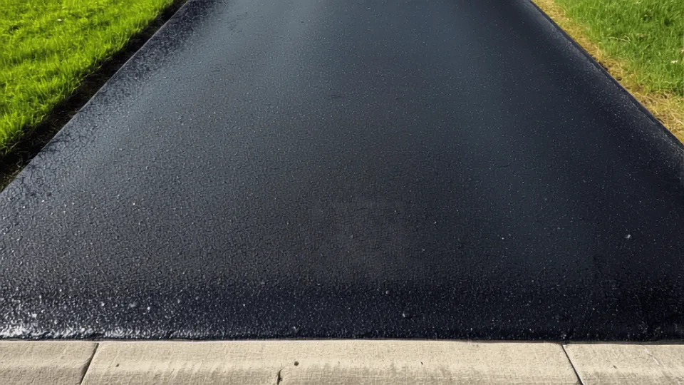 Freshly sealed black asphalt surface meeting a pale concrete apron at a sharp boundary