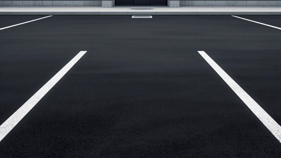 Empty parking lot with white stall markings running toward a concrete curb and a drain grate